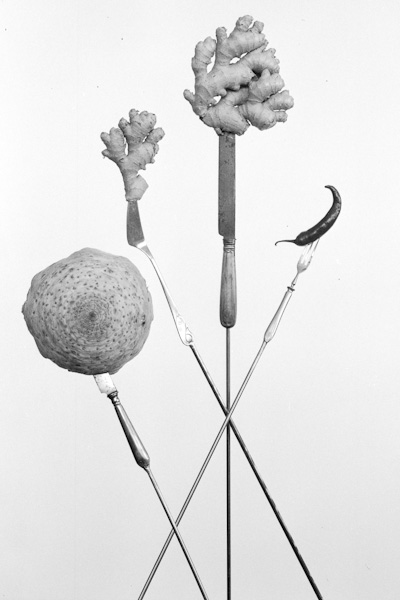 Life on stake is an analogue black and white series on medium format and printed on silvergelatin, glass and silkpaper. It showes vegetables and cuttlery on metal sticks. It tries to rise awerness of the importance to eat more vegetables and less meat in times of the climate crisis, global warming, climate change