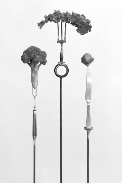 Life on stake is an analogue black and white series on medium format and printed on silvergelatin, glass and silkpaper. It showes vegetables and cuttlery on metal sticks. It tries to rise awerness of the importance to eat more vegetables and less meat in times of the climate crisis, global warming, climate change